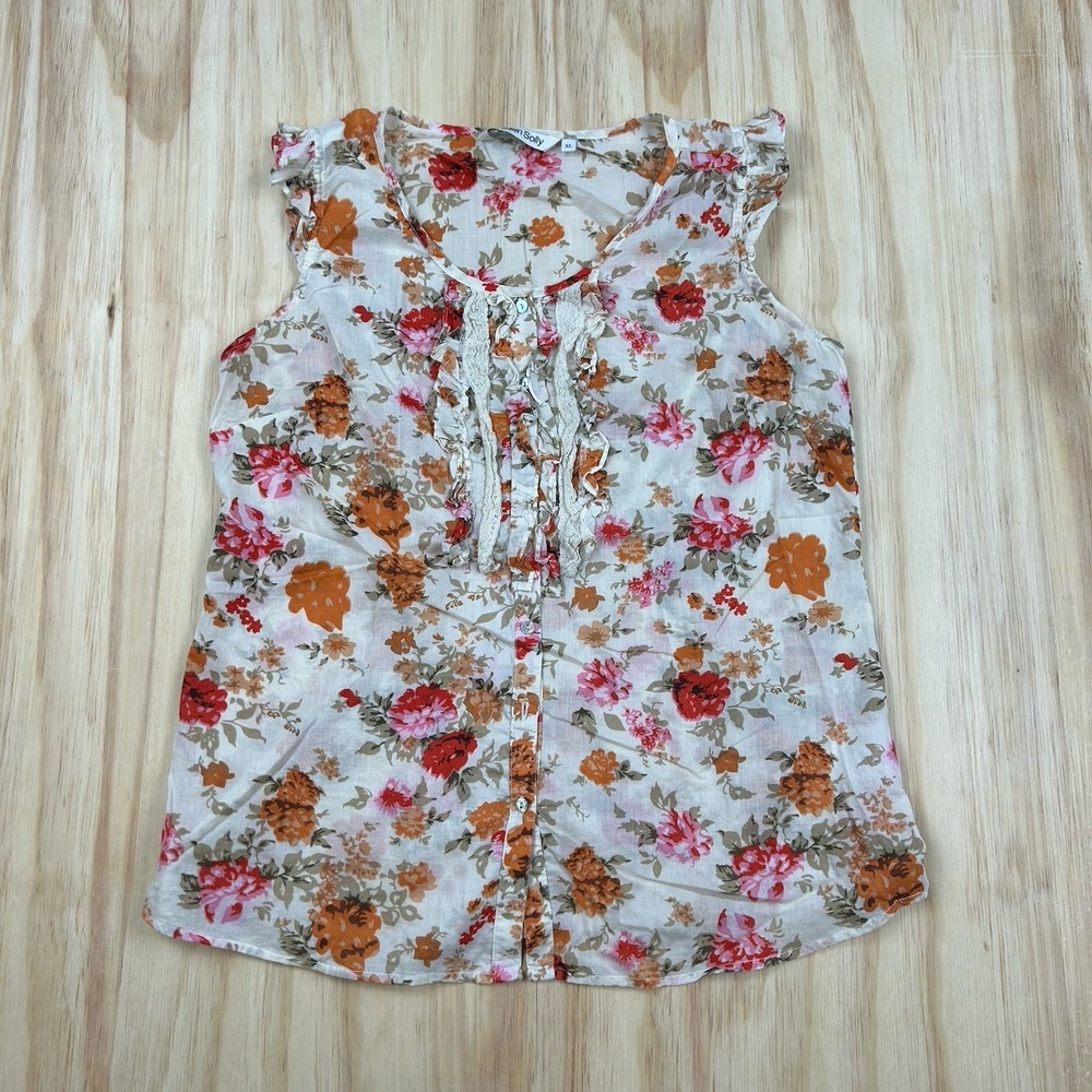 Allen‎ Solly Women's Short Sleeve Button Up Floral Ruffle Shirt Cute XL
